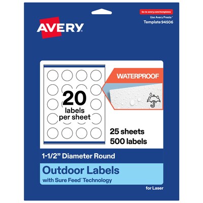 Avery Round Laser Multipurpose Labels, 1.5 Dia., White, 500/Pack (19479399425)