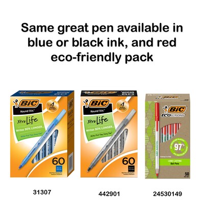 BIC Round Stic Xtra-Life Ballpoint Pen, Medium Point, Assorted Ink, 60/Pack (GSM609-AST)