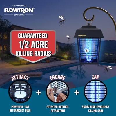 Flowtron Electric Bug Zapper, 1/2 Acre of Coverage, 15W Bulb & 5600V Killing Grid (FLWBK15D)