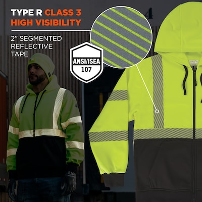 GloWear 8318BK High Visibility Long Sleeve Black Bottom Hooded Zip-Up Sweatshirt, ANSI Type R Class 3, Lime, 4XL (23068)