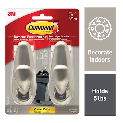 Command Large Hook, 5 lb., Brushed Nickel, 2/Pack (FC13-BN-2ES)