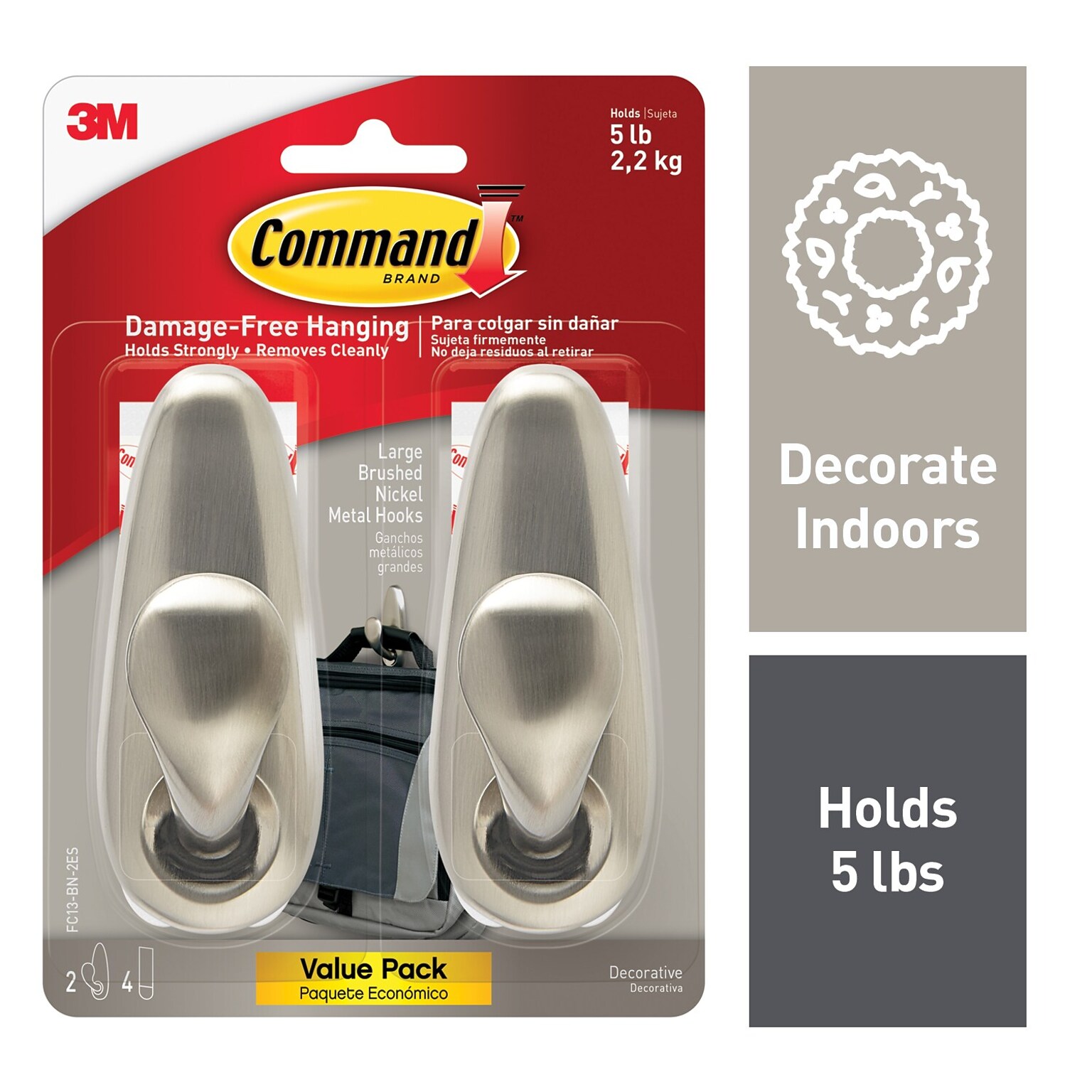Command Large Hook, 5 lb., Brushed Nickel, 2/Pack (FC13-BN-2ES)