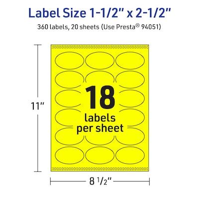Avery Laser/Inkjet Oval Multipurpose Labels, 1.5" x 2.5", Neon Yellow, 360/Pack (94051)