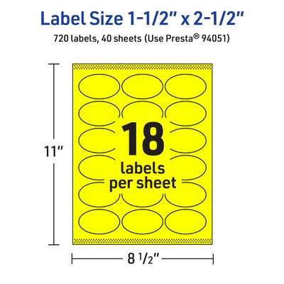 Avery Laser/Inkjet Oval Multipurpose Labels, 1.5" x 2.5", Neon Yellow, 720/Pack (94051)