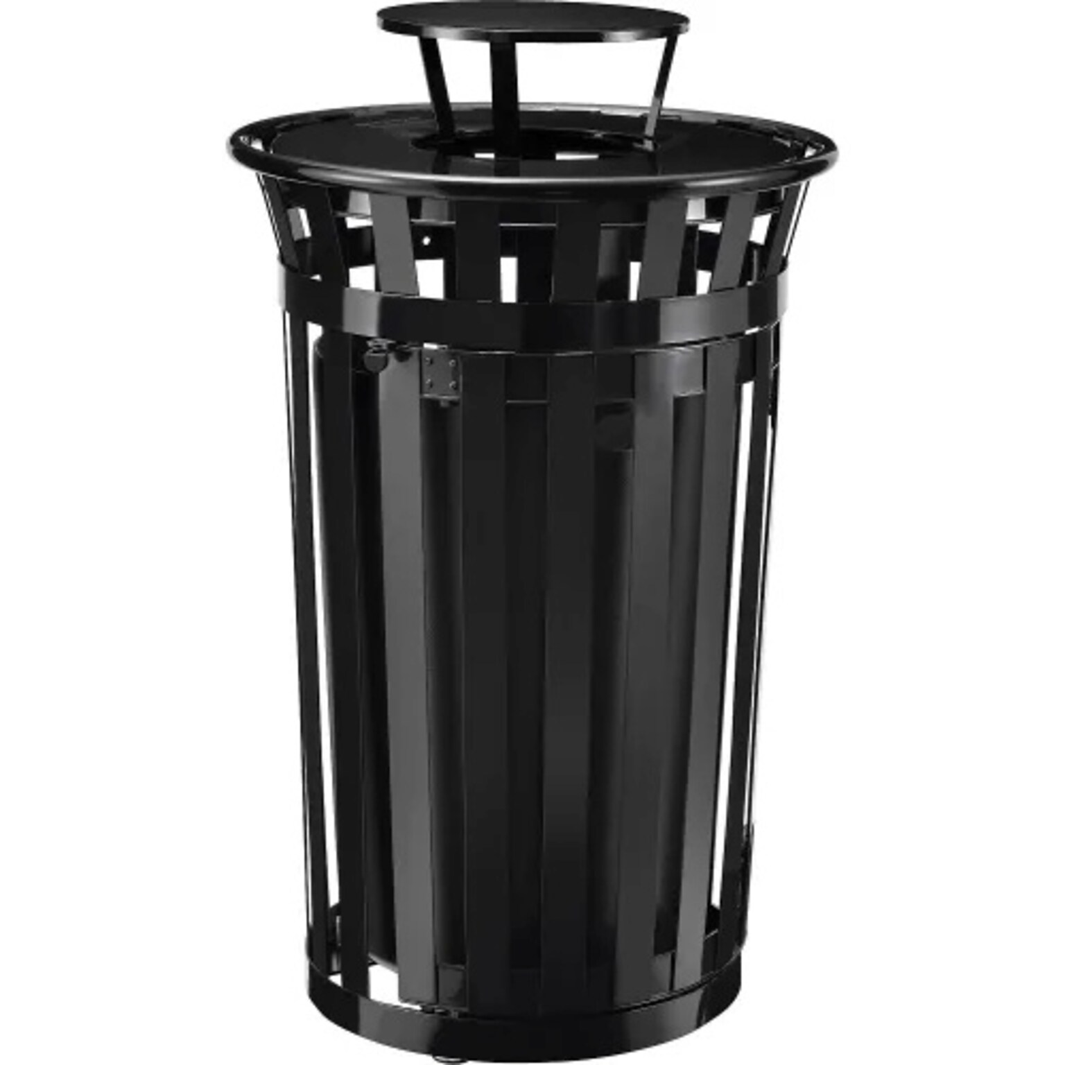 Global Industrial Outdoor Slatted Steel Trash Can w/ Access Door & Rain Bonnet Lid, 36 Gallon, Black (261941BK)