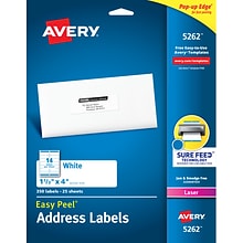 Avery Easy Peel Laser Address Labels, 1-1/3 x 4, White, 14 Labels/Sheet, 25 Sheets/Pack   (5262)