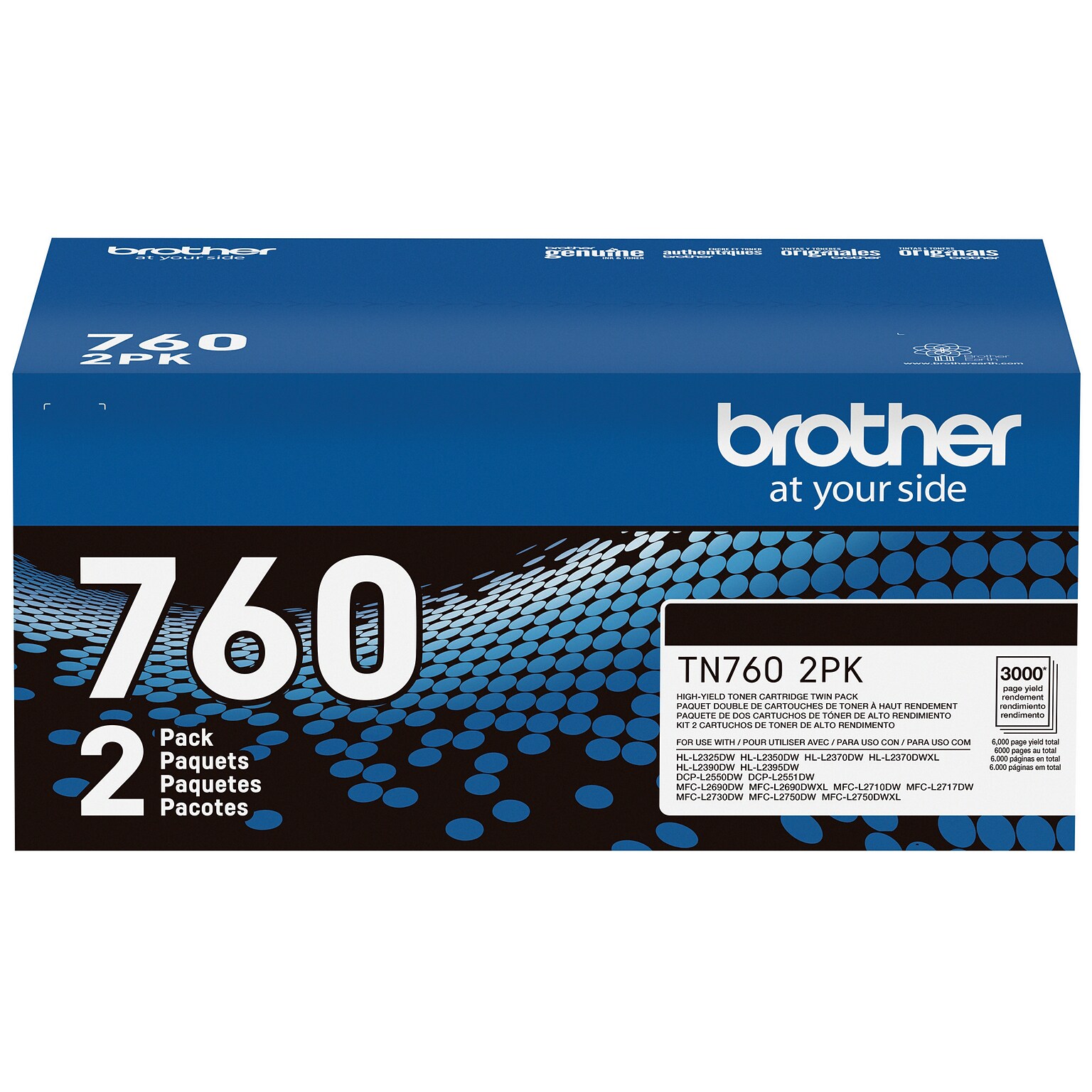 Brother TN 760 Black High Yield Toner Cartridge, 2/Pack (TN7602PK)