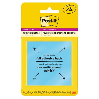 Post-it® Super Sticky Full Stick Notes, 3 x 3, Energy Boost Collection, 25 Sheets/Pad, 4 Pads/Pack