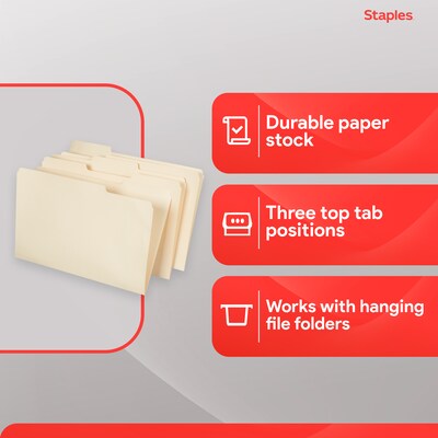 Staples 30% Recycled File Folders, 1/3-Cut Tab, Legal, Manila, 100/Box (ST56680-CC)