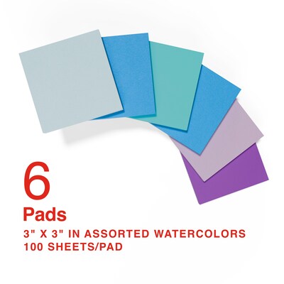 Staples Stickies® Pop-Up Notes, Assorted Watercolors, 3 x 3, 6 Pads/Pack (S-33WCP6)