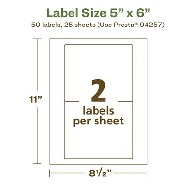 Avery EcoFriendly Laser/Inkjet Rectangle Multipurpose Labels, 5" x 6", White, 50/Pack (94257)