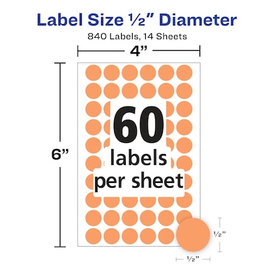 Avery Color-Coding Labels, 1/2 " Dia, Neon Orange, Non-Printable, 840 Labels/Pack (5062)