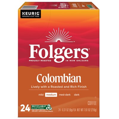 Folgers 100% Colombian Coffee, Medium Roast, 0.31 oz. Keurig® K-Cup® Pods, 24/Box (6659)