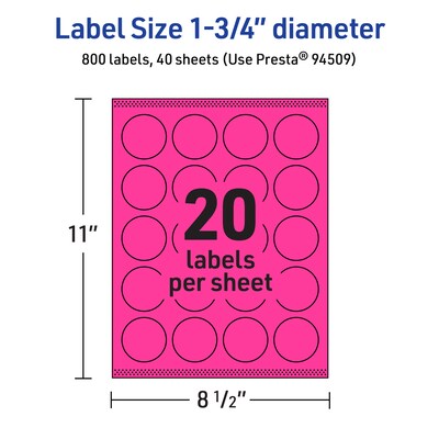 Avery Laser/Inkjet Round Multipurpose Labels, 1.75" Dia., Neon Magenta, 800/Pack (94509)