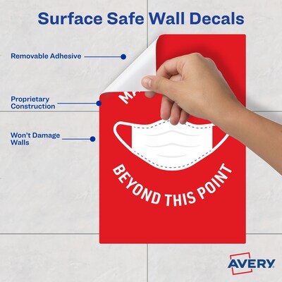 Avery Surface Safe "Mask Required Beyond This Point" Preprinted Wall Decals, 7" x 10", Red/White, 5 Pack (83177)