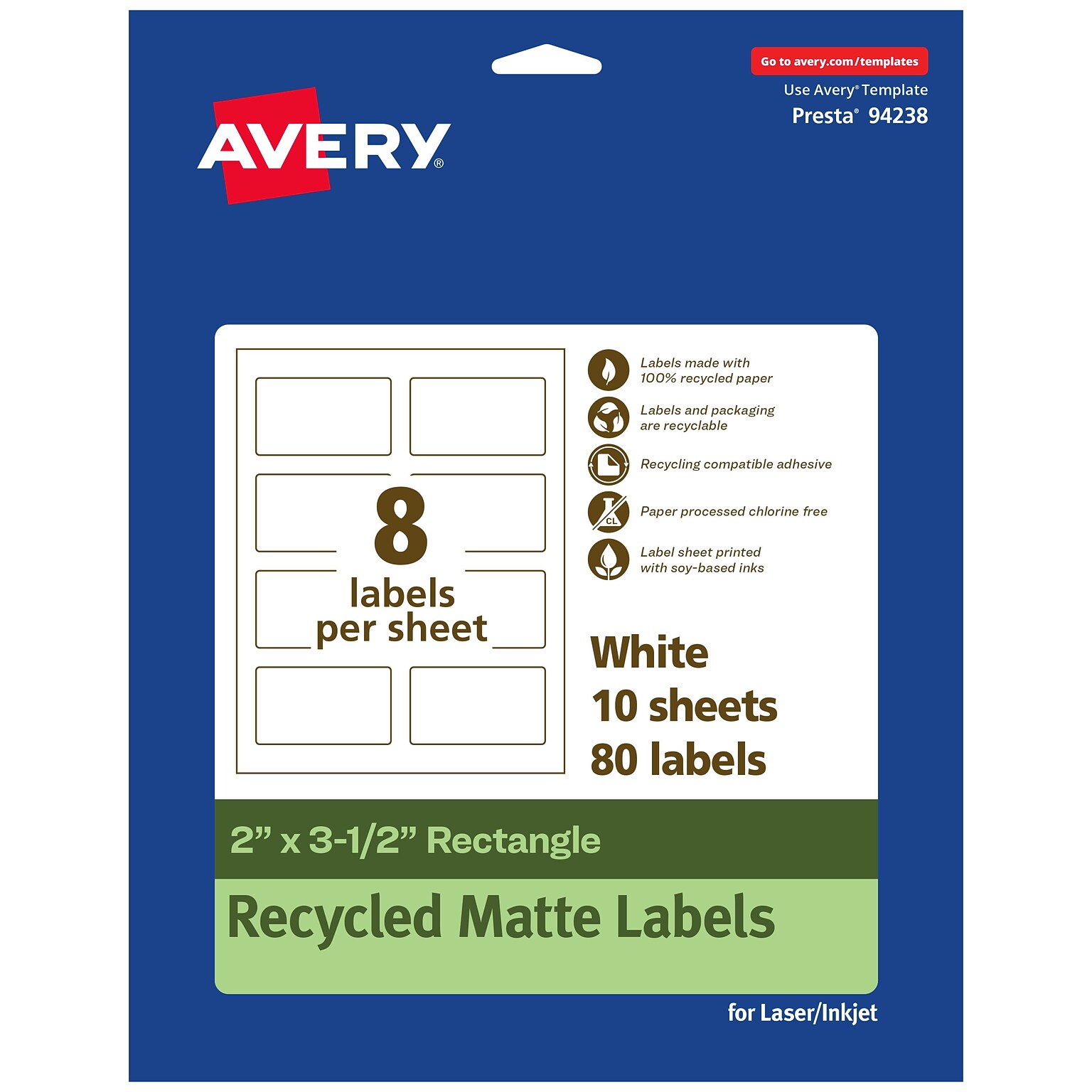 Avery EcoFriendly Laser/Inkjet Rectangle Multipurpose Labels, 2 x 3-1/2, White, 80/Pack (94238)
