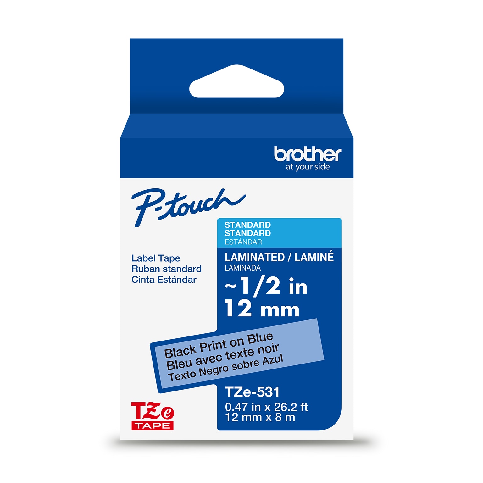 Brother P-touch Laminated Label Tape, 1/2 x 26.2, Black on Blue (TZe531)