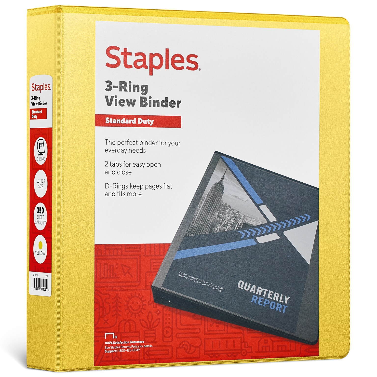 Staples® Standard 1.5 3 Ring View Binder with D-Rings, Yellow (58652)
