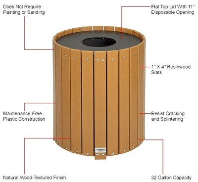 Global Industrial Recycled Plastic Round Trash Can w/ Liner, 32 Gallon, Cedar (641323CD)