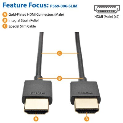 Tripp Lite 6' HDMI to HDMI Audio/Video Cable, Male to Male, Black (P569-006-SLIM)