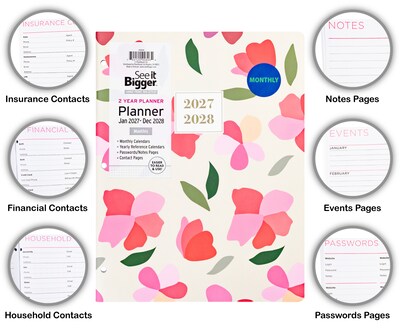 2027-2028 Overland Travelware 0.25" x 8.5" Calendar Year Monthly Standard Planner, Paperboard Cover, Pink Floral (90696)