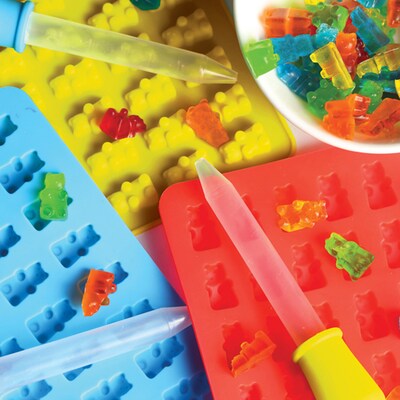 Better Kitchen Products Gummy Bear Molds, 50 Cavity Silicone Molds w/Droppers, 7.5 x 7", Aqua/Red/Yellow, 3/Pack (97018-3PK)