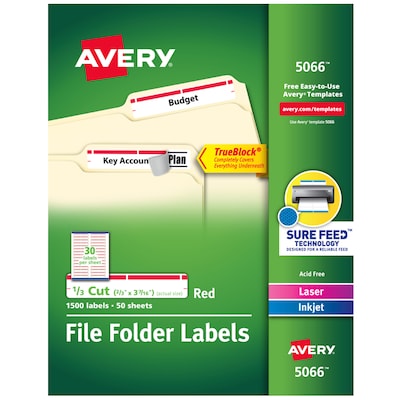 Avery TrueBlock Laser/Inkjet File Folder Labels, 2/3 x 3 7/16, Red, 1500 Labels Per Pack (5066)