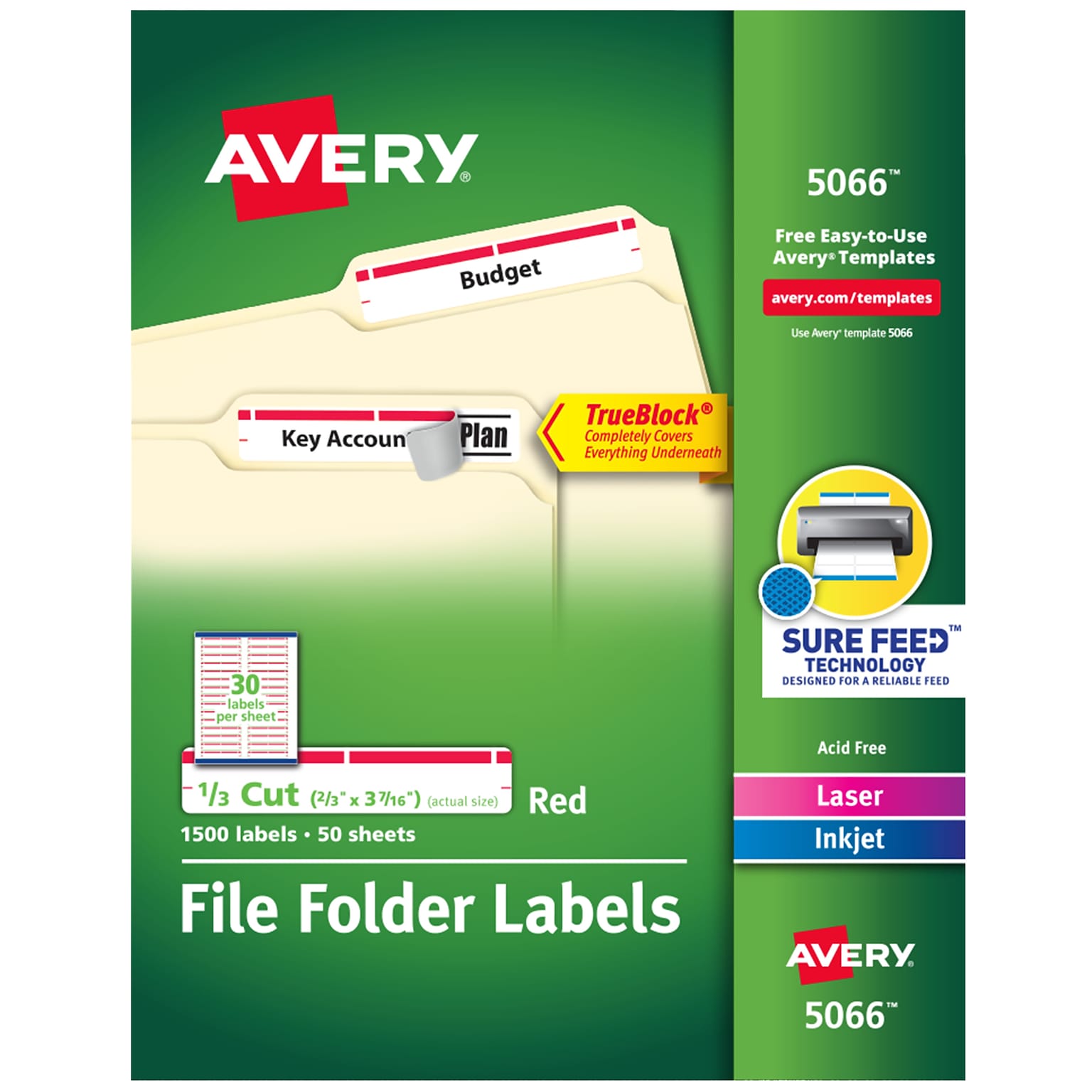 Avery TrueBlock Laser/Inkjet File Folder Labels, 2/3 x 3 7/16, Red, 1500 Labels Per Pack (5066)