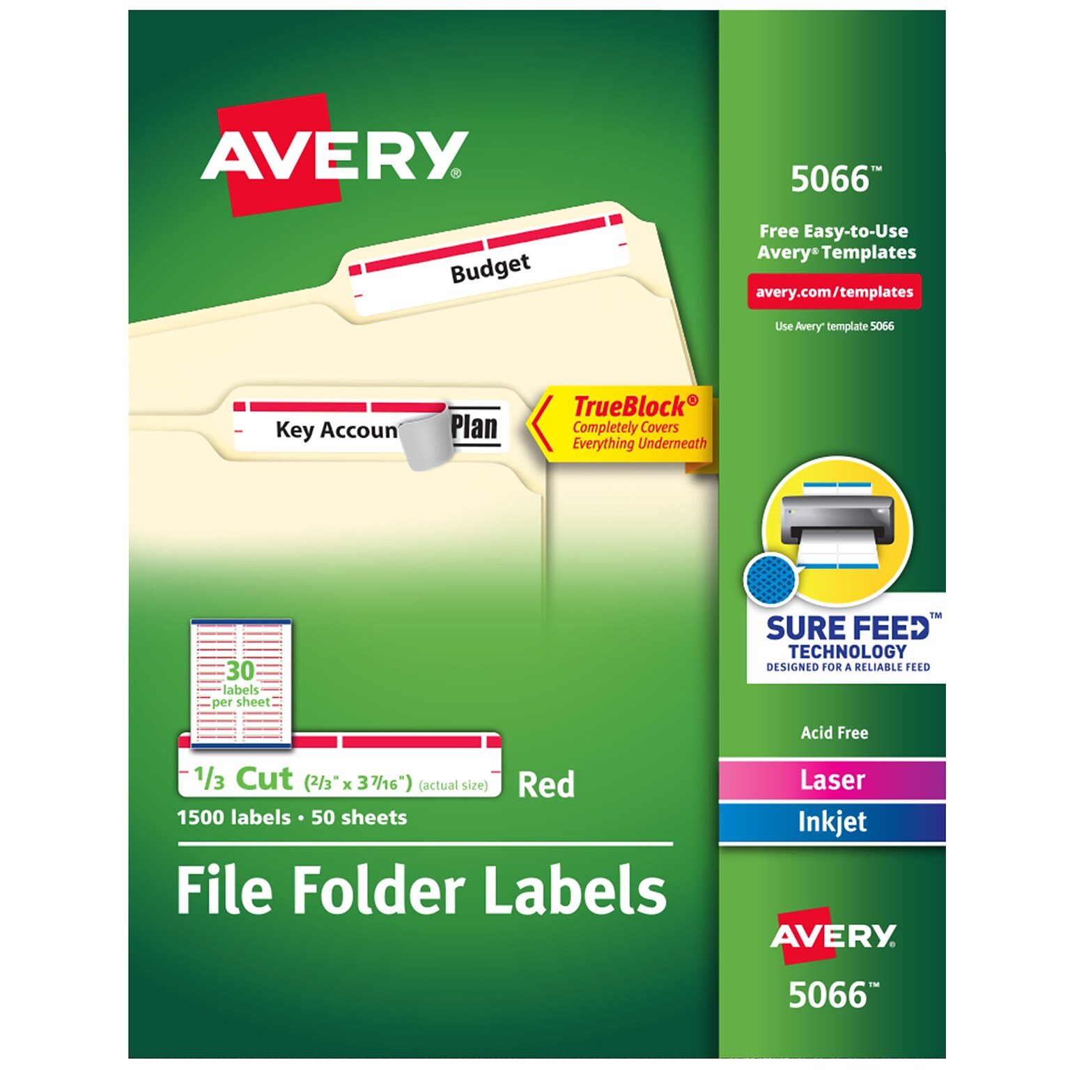 Avery TrueBlock Laser/Inkjet File Folder Labels, 2/3 x 3-7/16, White/Red, 1,500 Labels/Pack (5066)