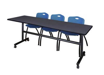 Regency Kobe 84 Flip Top Mobile Training Table- Grey & 3 M Stack Chairs- Blue
