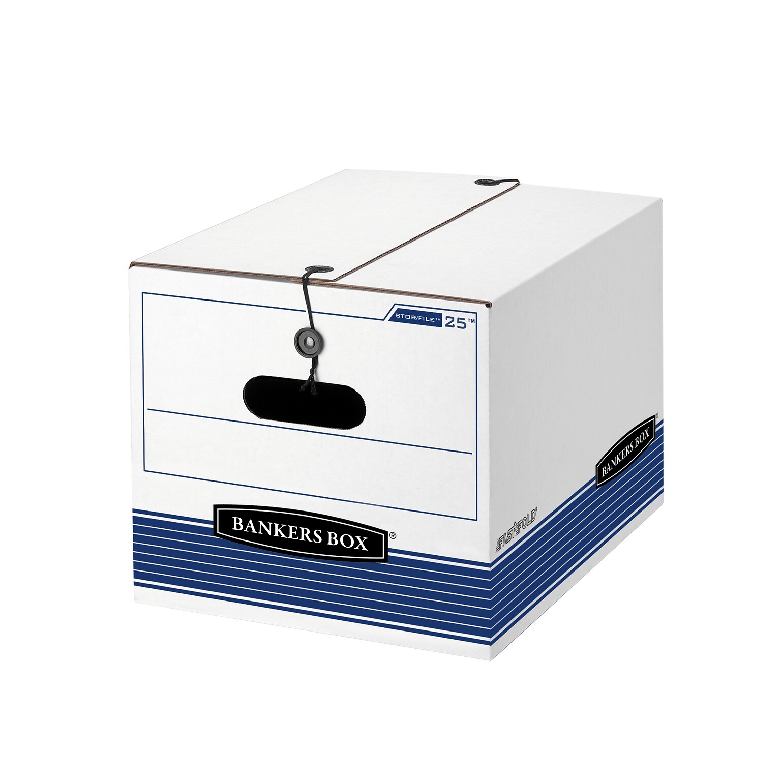 Bankers Box Stor/File Medium-Duty FastFold File Storage Boxes, String & Button, Letter/Legal Size, White/Blue, 12/Carton (00025)