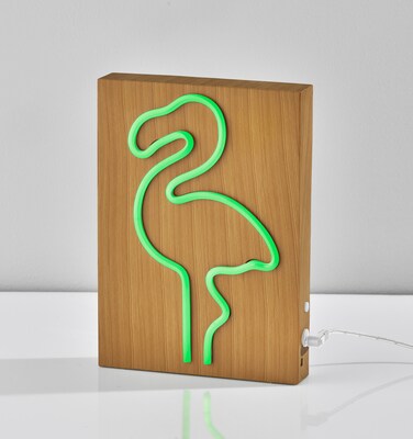 Simplee Adesso LED Wood Framed Neon Flamingo Table/Wall Lamp, 9"H, Brown/Multi-Color (SL3722-12)