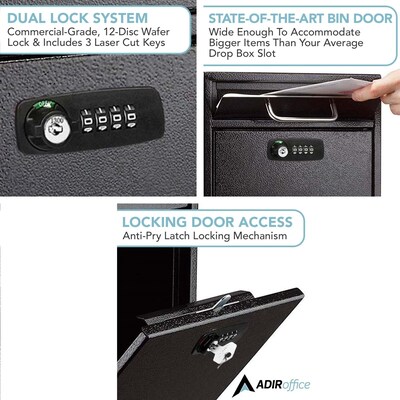 AdirOffice Steel Combination Locking Wall Mounted Interoffice Drop Box Mailbox, Medium, Black (631-05-BLK-KCPK)