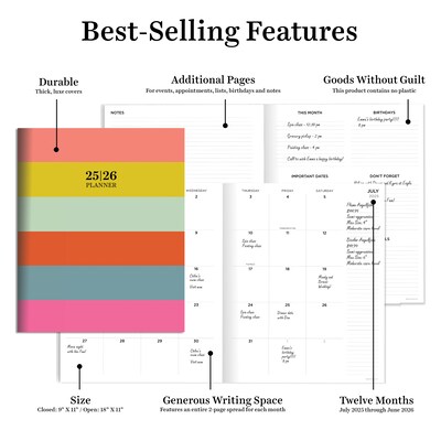 2025-2026 TF Publishing Super Stripe 9" x 11" Academic Year Monthly Planner, Paperboard Cover, Multicolored (AY26-4510)