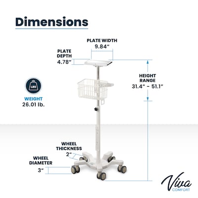 Viva Comfort Rolling Sturdy Compact Mobile Stand for RVS-100 Vital Signs Monitor, White (ADI912-C-MP-04-MK)