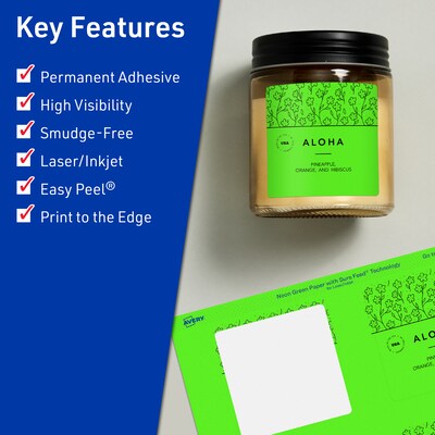 Avery Square Multipurpose Labels, 2.75 x 2.75, Neon Green, 240/Pack (94109)