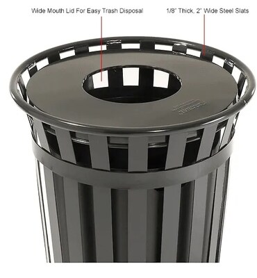 Global Industrial Outdoor Slatted Steel Trash Can w/ Flat Lid, 36 Gallon, Black (237726BK)