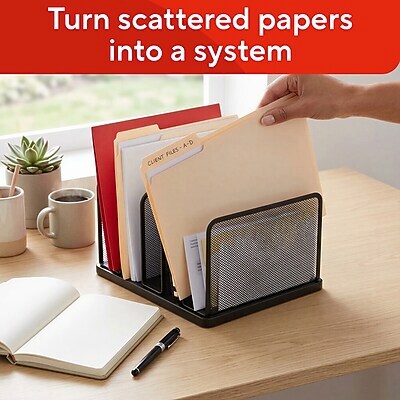 TRU RED Wire Mesh File Organizer, 5-Compartment, Matte Black – Vertical Desktop Sorter for Files, Folders & Mail