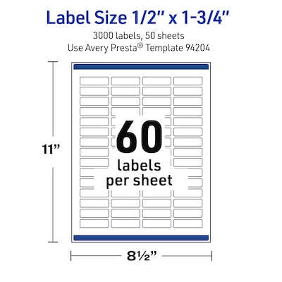 Avery Rectangle Laser Multipurpose Labels, 0.5" x 1.75", White, 3000/Box (19479399210)