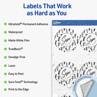 Avery Round Laser Multipurpose Labels, 2.5 Dia., White, 900/Box (19479399411)