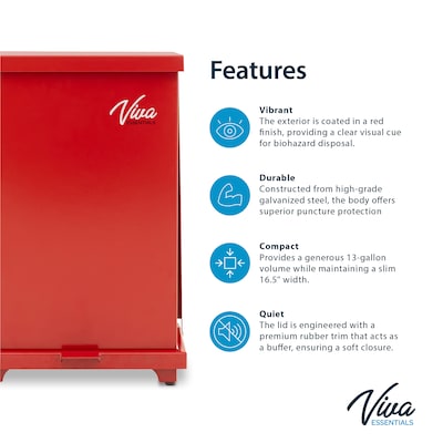 Viva Comfort Biohazard Steel Step-On Trash Can, 13 Gallon, Red (99213RMK)
