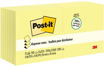 Post-it Recycled Pop-up Notes, 3 x 3, Canary Collection, 100 Sheet/Pad, 12 Pads/Pack (R330RP12YW)