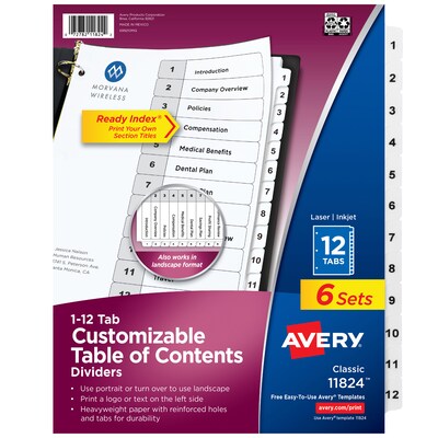 Avery Ready Index Table of Contents Paper Dividers, 1-12 Tabs, White, 6 Sets/Pack (11824)