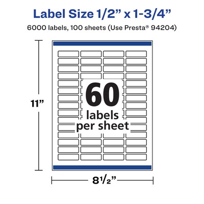 Avery Laser/Inkjet Rectangle Multipurpose Labels, .5" x 1.75", White, 6000 Labels/Box (94204)