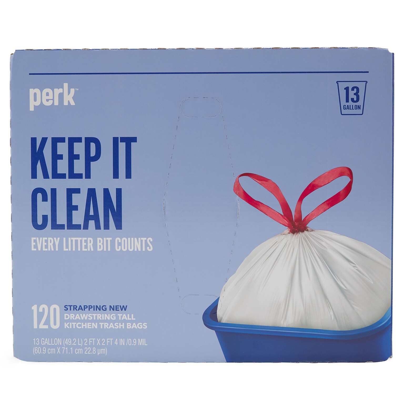 Perk™ 13 Gallon Kitchen Trash Bag, 28 x 24, Low Density, 0.9 mil, White, 120 Bags/Box, 3 Boxes/Carton (PK56750CT)