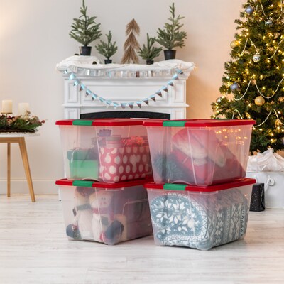 Iris Holiday Large Stackable Plastic Storage Box, 13" x 16.5" x 22", 54 Qt., Clear/Red, 4/Pack (500531)