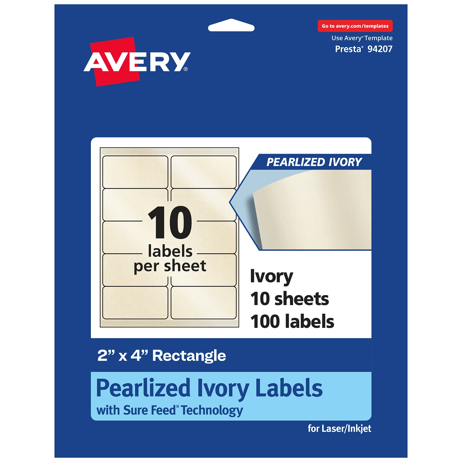 Avery Laser/Inkjet Rectangle Multipurpose Labels, 2 x 4, Ivory, 100 Labels/Pack (94207)
