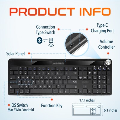 Delton KB90 Wireless Rechargeable Solar (Light) Powered Keyboard, Black (DKBSLR90)