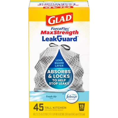 Glad ForceFlex MaxStrength 13 Gallon Drawstring Kitchen Trash Bag, Fresh Scent, Gray, 45 Total Bags (22645)