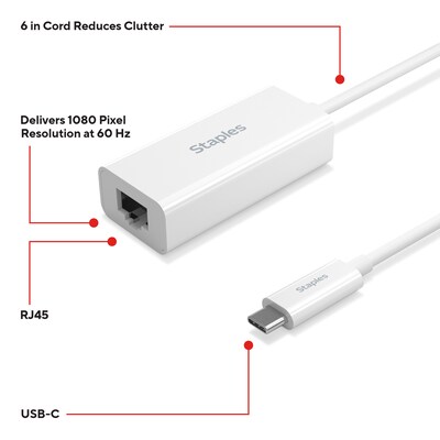 Staples TECH USB-C to Ethernet Adapter, Female to Male, White (ST62369)
